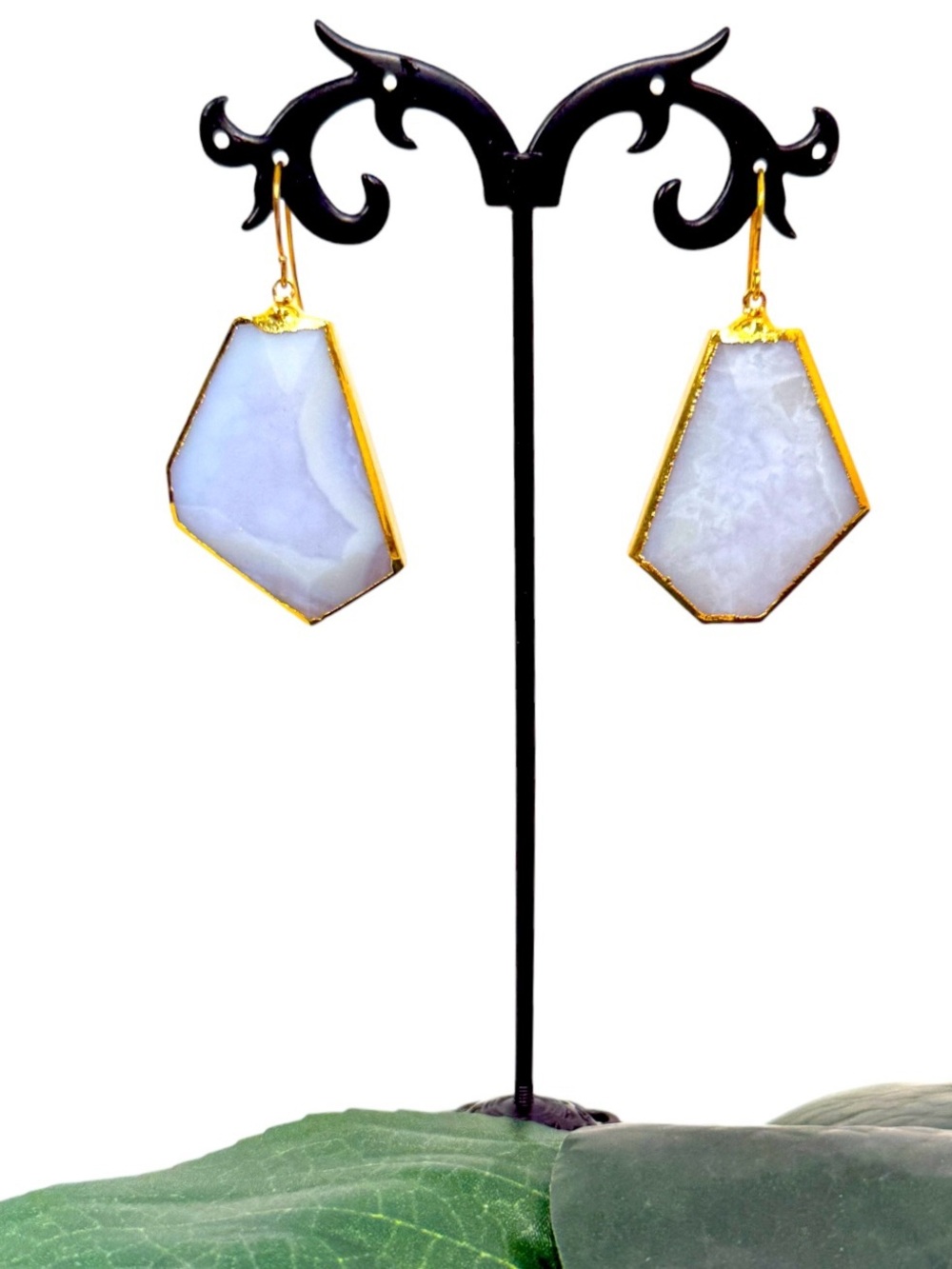 Janna Conner Blue Lace Agate 18K Gold Plated Statement Earrings NWT